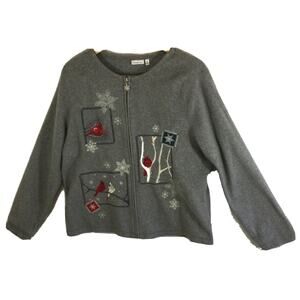 Croft & Barrow Sweater Full Zip Gray Cardinal & Snowflake Womens Size XL